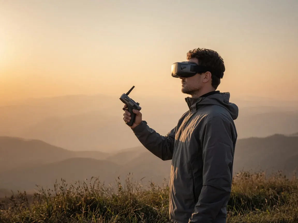 Pilot on a mountain ridge at sunset wearing video goggles and holding a one-hand controller
