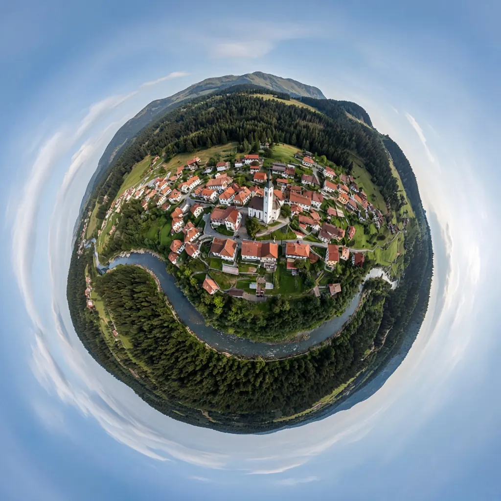 Tiny planet projection of an alpine village and river made from 360 aerial footage